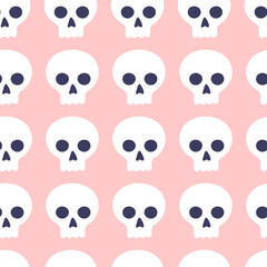 Seamless pattern of cute cartoon skulls on a pink background. Attributes for magic and witchcraft. Hand drawn vector illustration
