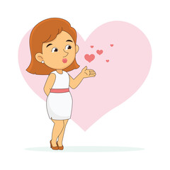 Young Woman Character in White Dress Sending Kiss,Valentines Day