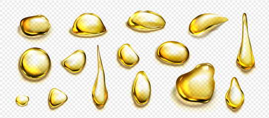 Golden drops and puddles of oil or liquid honey isolated on transparent background. Vector realistic set of gold drips of organic cosmetic or food oil, top view of clear yellow stains - obrazy, fototapety, plakaty