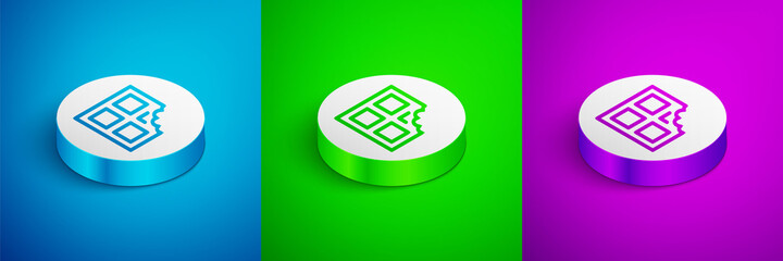 Isometric line Chocolate bar icon isolated on blue,green and purple background. White circle button. Vector.
