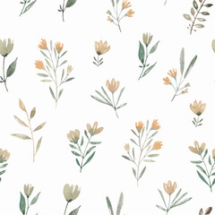Fototapeta na wymiar Wildflowers watercolor seamless pattern with abstract plants and flowers. Cute background.