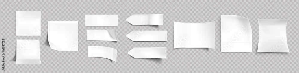 Poster white stickers of different shapes with shadow and folded edges, tags, sticky notes for memo mockup 