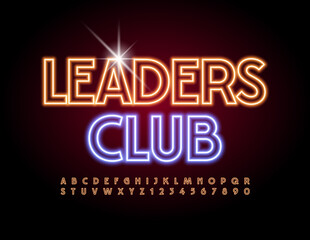 Vector neon badge Leaders Club. Glowing light Font. Electric Led Alphabet Letters and Numbers set