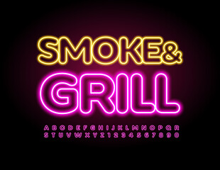 Vector sign Smoke  Grill for Restaurant, Cafe, Menu. Glowing Pink Font. Neon Alphabet Letters and Numbers set