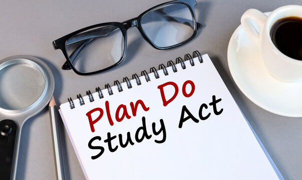 plan do study act. text on white paper on gray background.