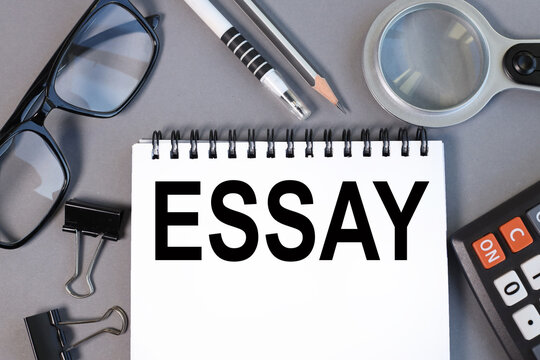 essay. text on white paper on gray background.