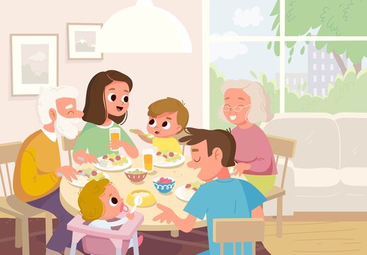 Vector. Portrait of family having meal dinner sitting around the table. Three generations gathered at the table. All members of full big young whole family together at home in living room at week end.