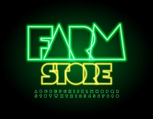 Vector business logo Farm Store. Abstract style Font. Green Neon Alphabet Letters and Numbers set