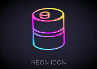 Glowing neon line Metal beer keg icon isolated on black background. Vector.