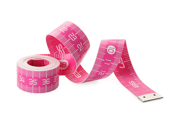 New pink measuring tape isolated on white
