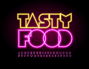 Vector bright banner Tasty Food. Glowing Creative Font. Abstract style Neon Alphabet Letters and Numbers set