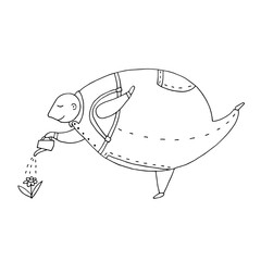 A fat man waters a flower from a watering can. Vector hand-drawn doodle illustration. Black and white outline. Coloring. Vector. Gardener. Body positive