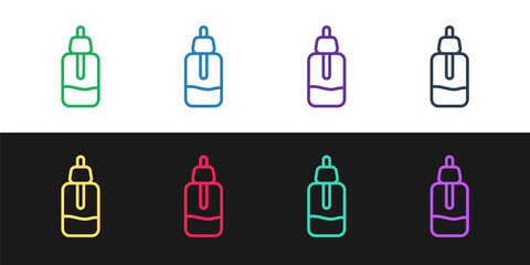 Set line Essential oil bottle icon isolated on black and white background. Organic aromatherapy essence. Skin care serum glass drop package. Vector.