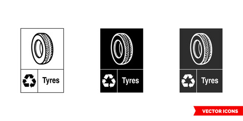 Tyres automotive recycling sign icon of 3 types color, black and white, outline. Isolated vector sign symbol.