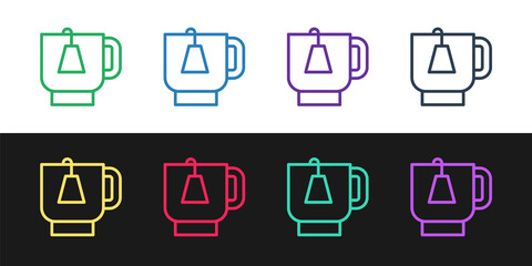 Set line Cup of tea with tea bag icon isolated on black and white background. Vector.