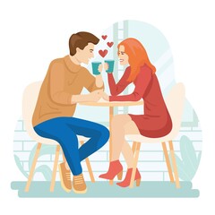 Man and woman in a cafe. A loving couple on a date. Valentines Day concept. Vector illustration for banners, posters, postcard. Cartoon style characters.