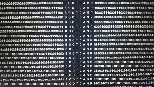 BOOTCAMP Word On Scrolling Software Development Monitor With Binary Code. Programming Or Hacker Device Screen.