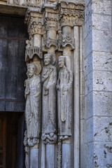 Architectural fragments of Roman Catholic Chartres Cathedral or Cathedral of Our Lady of Chartres (Cathedrale Notre Dame de Chartres, 1220). Chartres (80 km southwest of Paris), Eure-et-Loir, France.