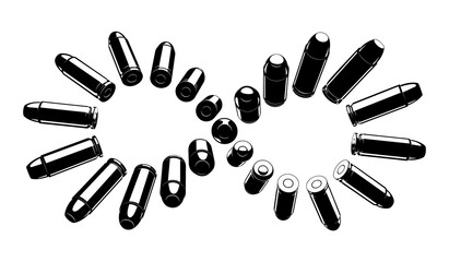 Vector infinity sign made with revolver bullets. Black and white high contrast tattoo design.