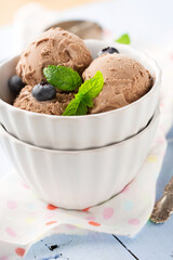 Chocolate ice cream with mint and fresh berries on blue wooden background, top view.