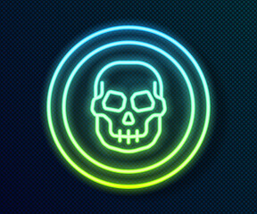 Glowing neon line Mexican skull coin icon isolated on black background. Vector.