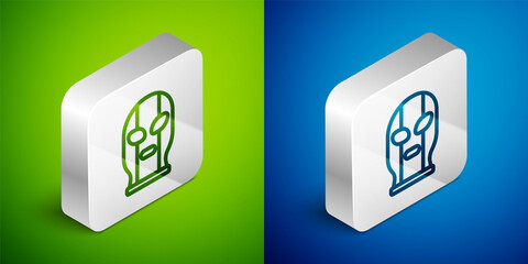 Isometric line Mexican wrestler icon isolated on green and blue background. Silver square button. Vector.