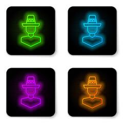 Glowing neon line Mexican man wearing sombrero icon isolated on white background. Hispanic man with a mustache. Black square button. Vector.