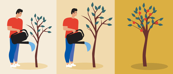 Obraz na płótnie Canvas Tree growth progress, man watering or fertilizing in the garden, flat vector stock illustration as a concept of plant care, fruiting