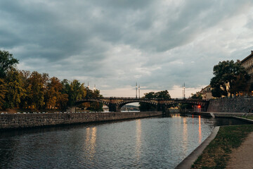Fototapeta na wymiar Vltava river in Prague. Legion Bridge, Most legii
