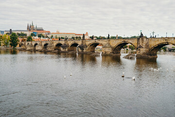 Vltava river in Prague. Karluv most or Charles bridge