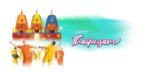 Vector illustration concept of Happy Thaipusam or Thaipoosam greeting with celebrating people, milk pot, spear, diya, coconut. Traditional Tamil Hindu Festival. 