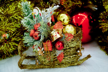 Christmas decorations in a golden basket