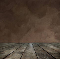 room place background with brown wooden floor and cement painted wall with patterns