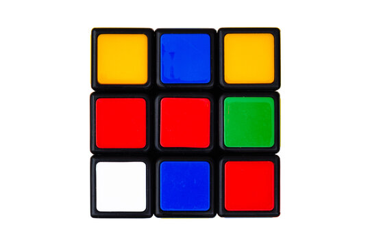 Saint-Petersburg, Russia - January 28, 2020 : Rubik's cube, rubik's cube top view isolated, rubik's cube on white background, colorful puzzle, math problem, charging for your brain, rainbow cube, art