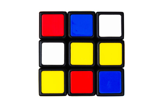 Saint-Petersburg, Russia - January 28, 2020 : Rubik's cube, rubik's cube top view isolated, rubik's cube on white background, colorful puzzle, math problem, charging for your brain, rainbow cube, art