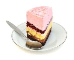 Slice Colorful Cake Decorated Isolated in plate on White Background