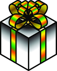 A cubic present wrapped in silver foil and multicolor/rainbow ribbon.