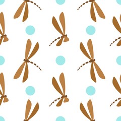 Vector illustration. Dragonfly, branches, circles and dots. The background is white. For fabric, wallpaper, notebooks, planners, brochures, books, catalogs, backgrounds, covers, banners, textiles.