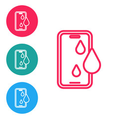 Red line Waterproof mobile phone icon isolated on white background. Smartphone with drop of water. Set icons in circle buttons. Vector.