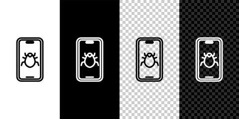 Set line System bug on mobile icon isolated on black and white, transparent background. Code bug concept. Bug in the system. Bug searching. Vector.