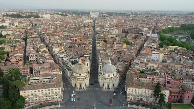 The historic center of Rome, aerial view:
Piazza del Popolo, Via del Babuino, Via del Corso, Via di Ripetta, Piazza di Spagna, Trinit&agrave; dei Monti, Trident, Altar of the Fatherland, River Tiber