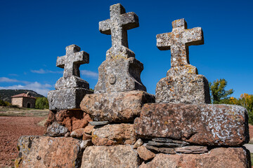 Fototapeta na wymiar crosses on the road, Ermita de Santa Coloma, Albendiego, Guadalajara province, Spain