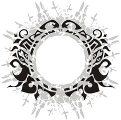 Abstract gray and black ornate frame splashes. Laconic round frame with floral and snakes elements for wallpaper, prints, holidays and events, tattoos, embroidery, textiles, etc.