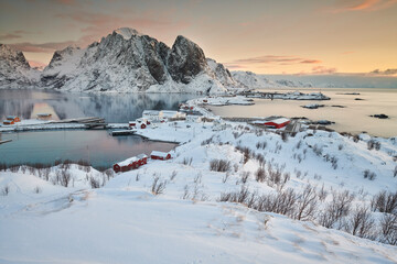 View of the village of Sakrisoy and Hamnoy in the Lofoten Islands in Norway at sunrise