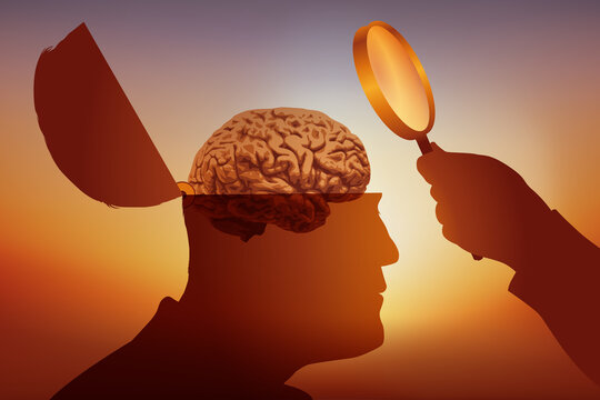 Concept de l’étude des maladies mentales, avec un homme, dont on voit apparaître le cerveau, qui est symboliquement examiné à la loupe par un scientifique.