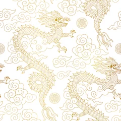 Papier Peint Lavable Style japonais Vector transparente motif chinois doré avec contour Dragons chinois, nuages et symbole de prospérité.