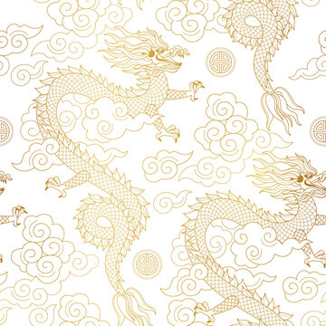 Vector seamless golden Chinese pattern with outline Chinese Dragons, clouds and Symbol of Prosperity.