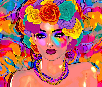 Floral Abstract Artwork Of A Woman's Face With Colorful Falling Petals. This Is A 3d Digital Art Render, No Real People Are Depicted Or Model Releases Necessary.