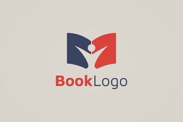 Education Logo. Blue and Red Shape Open Book Icon with Negative Space People Symbol inside isolated on Vintage Background. Flat Vector Logo Design Template Element.