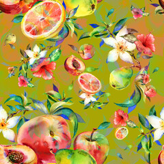 Watercolor seamless pattern of flowers and fruits